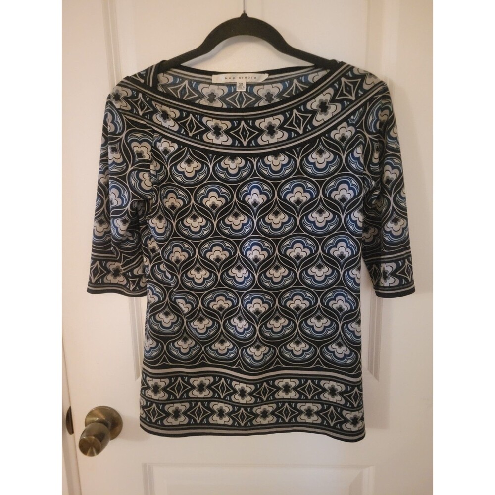 Max Studio Black, Ivory & Blue Classic Sophisticated Blouse Office Business XS